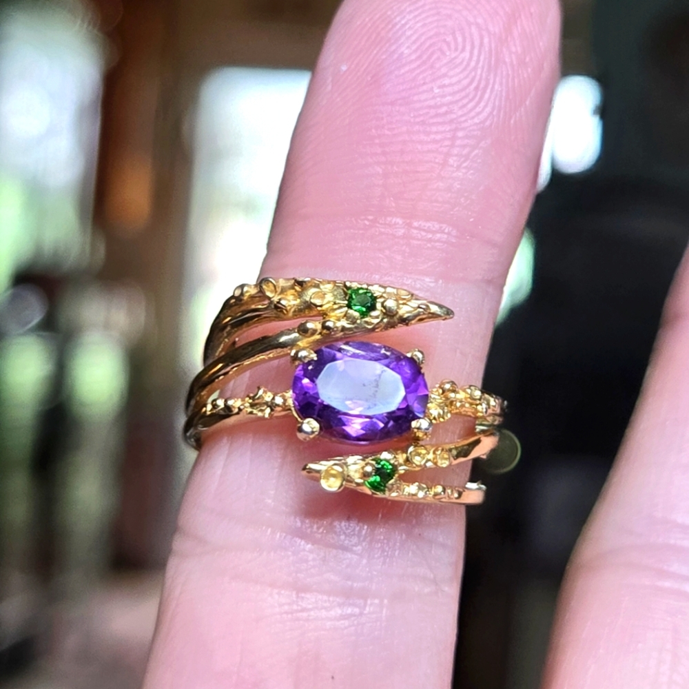 Amethyst cushion cut 5k & chrome diopside sterling & gold ring sz6.5 - Picture 1 of 8